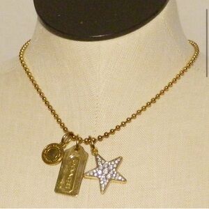 Coach Goldtone Trio Charm Necklace Lozenge Medallion & Pave Crystal Heart